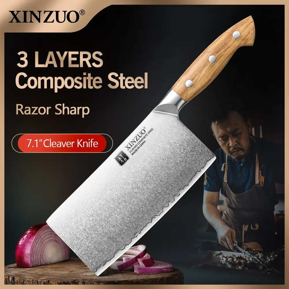XINZUO High-Quality 7.1 Inch Cleaver Knife, 10Cr15CoMoV Steel Core, Three-Layer Composite, High Hardness Kitchen Knife, Ergonomic Olive Wood Handle, Ideal for Home Cooks