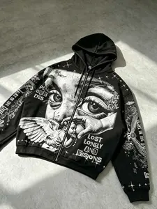 Popular street style men's hoodie sweatshirt angel eyes print zipper cardigan coat autumn and winter velvet warm hoodie women's American retro men's jacket Y2K trendy brand angel sweatshirt