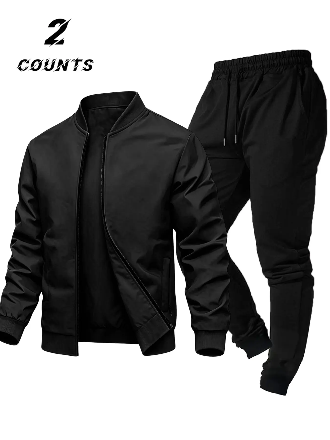 Men's Two-Piece Set, Solid Color Baseball Neck Zipper Jacket + Jogger Pants, Sporty Cleanfit Style, Long Sleeve, Fitted, All Seasons