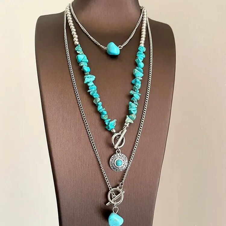 Women's Layered Turquoise Necklace - Western Cowgirl Boho Jewelry with Layered Chains, Tribal Medallion, T-Bar Toggle Clasp, Chip Stones, Chunky Silver Chain for Music Festivals