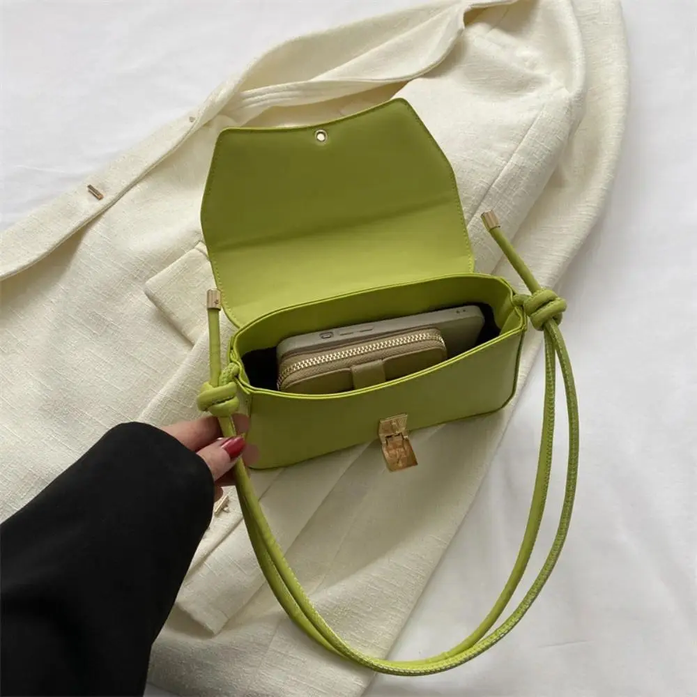 Baguette Shoulder Bag for Women, Minimalist Curved Faux Leather Purse with Knot Strap & Gold Lock Detail, Curved Shape, Compact