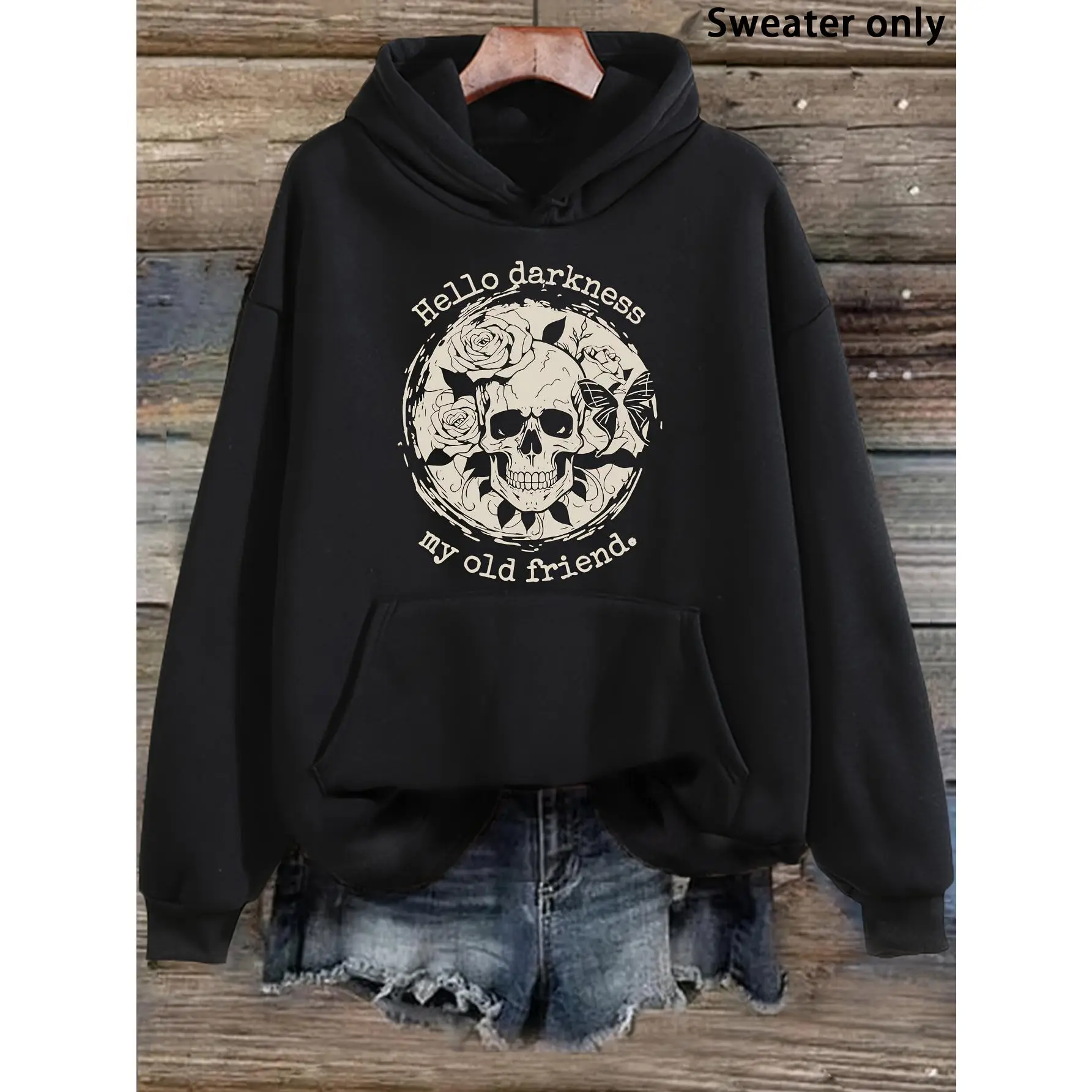 Hoodie with a Dark Aesthetic for Women Featuring a Stylish Skull Butterfly And The Phrase 'Hello Darkness My Old Friend', a Comfortable And Trendy Long-Sleeve Pullover
