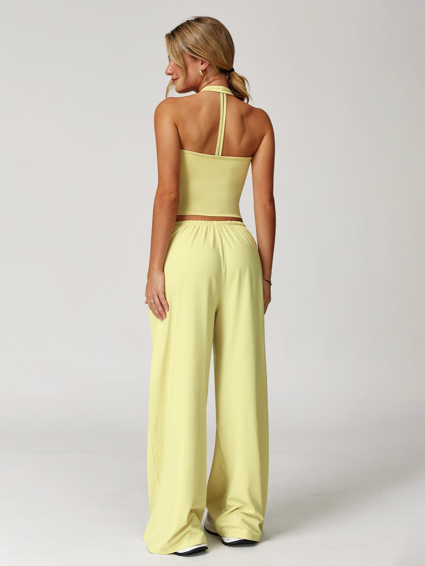 Women's Solid Halter Neck Top & Wide-Leg Pants Sports Set, Casual Sleeveless Top & Pants for Daily Outdoor Wear, Ladies Activewear Set for Tennis and Running, Workout Clothes, Breathable Activewear, Yoga Gym Outfits