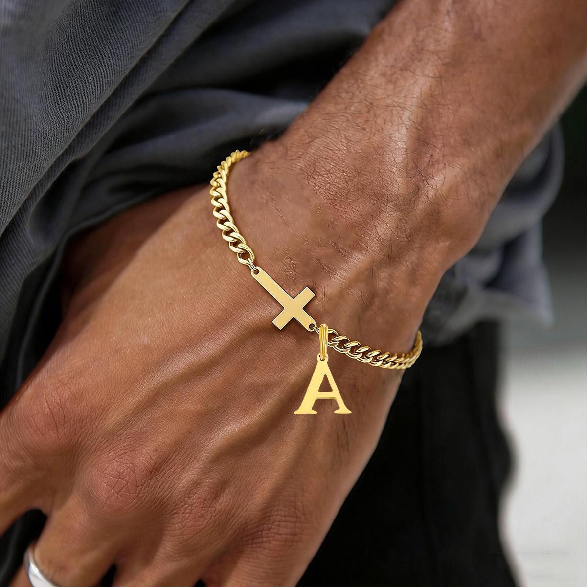 1pc Men's Cross Letter Bracelet, Stainless Steel, 26 Initials A H L E C G J K L M R S Z, Pendant Bracelet, Waterproof, Anti-oxidant, Suitable for Parties, Birthdays, and Events
