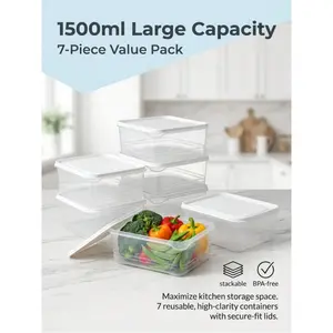 7-Pack 1500ML Plastic Food Storage Containers with Lids - 20x14x6.5cm, BPA-Free, Leak-Proof Airtight Boxes for Fridge & Meal Prep