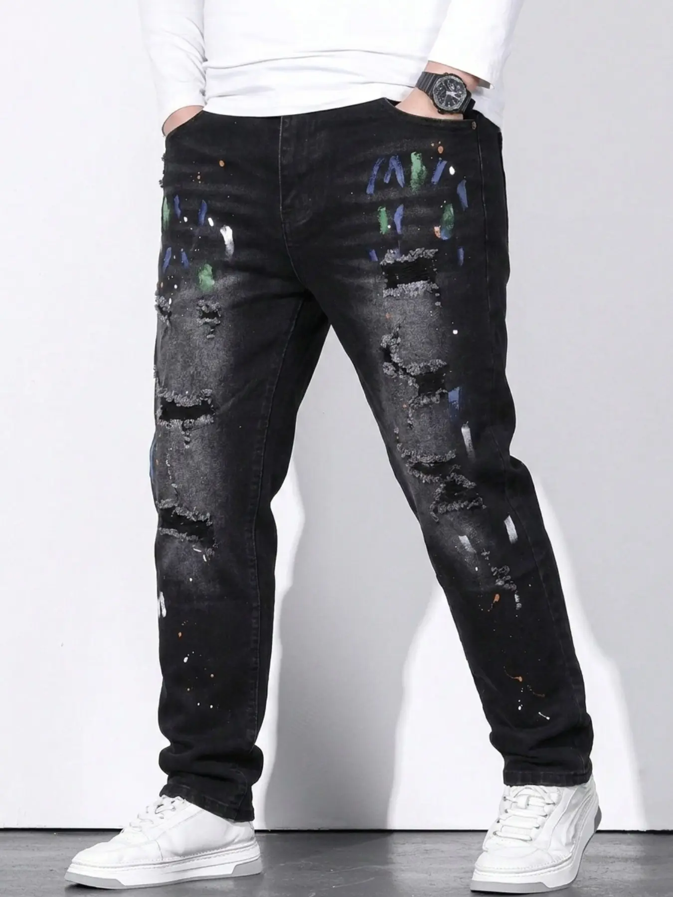 Men's Vintage Washed Slim Fit Jeans, Multi-Hole Ripped Holes, Colorful Splatter Graffiti Print, Hip Hop Y2K Streetwear Casual Pants