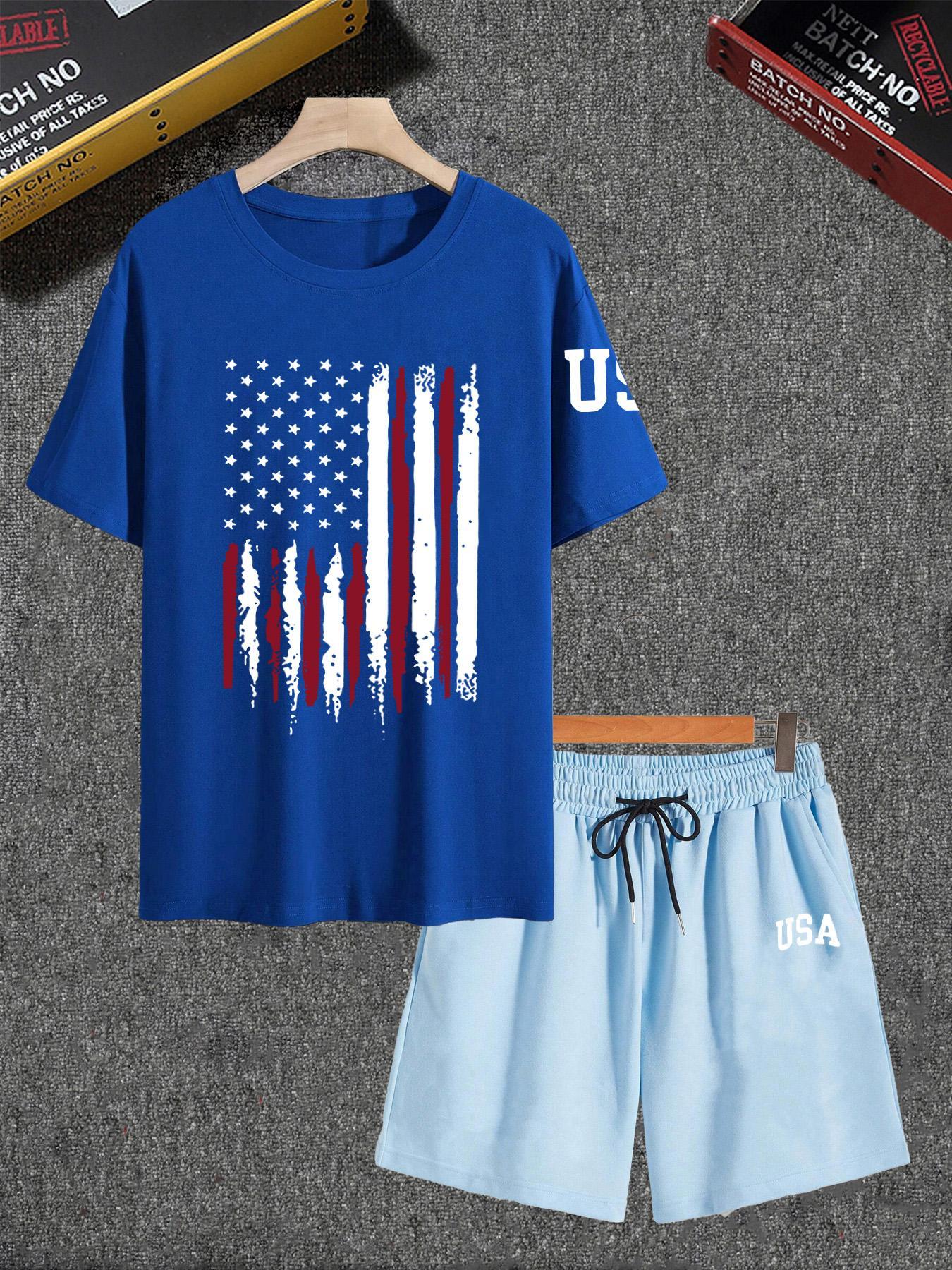 Two-piece Set Men's Flag Graphic Fitted Sleep Tee & Letter Print Elastic Drawstring Pocket Shorts Pajama Set, Comfy Men's Sleepwear & Loungewear Set for All Seasons