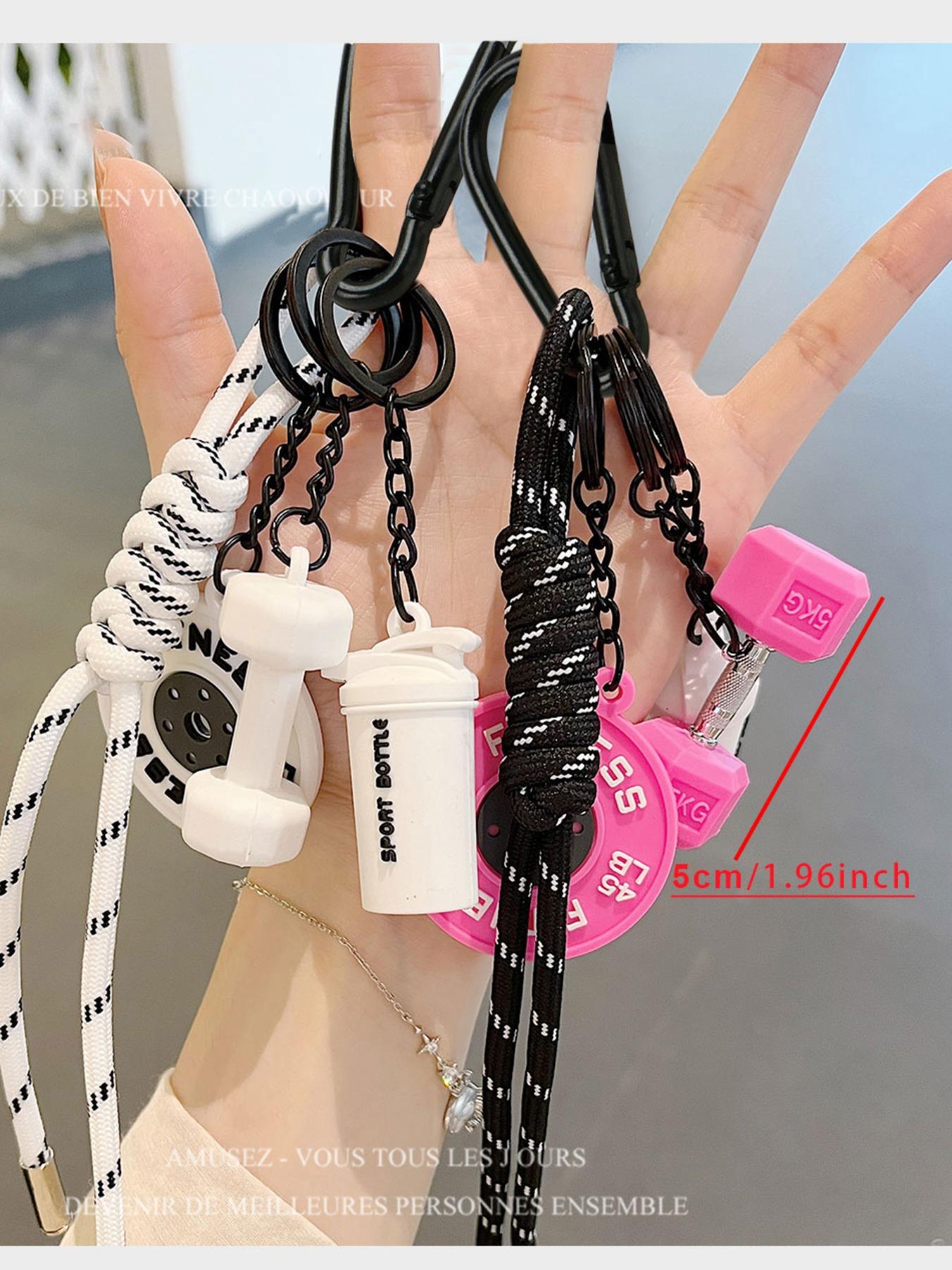 Fitness Gym Keychain, Barbell & Dumbbell Pendant Lanyard Keyring with Woven White and Pink Rope, Bag/Purse Charm and Weightlifting Themed Jewelry Accessory