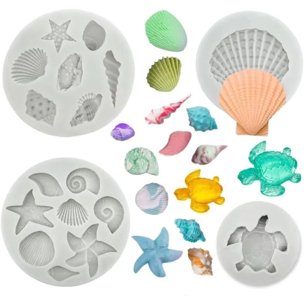 4 PCS Marine Theme Cake Fondant Silicone Mold Seashell Conch Starfish Sea Turtle Baking Molds for Chocolate Cake Decoration Candy Polymer Clay DIY Crafting Projects
