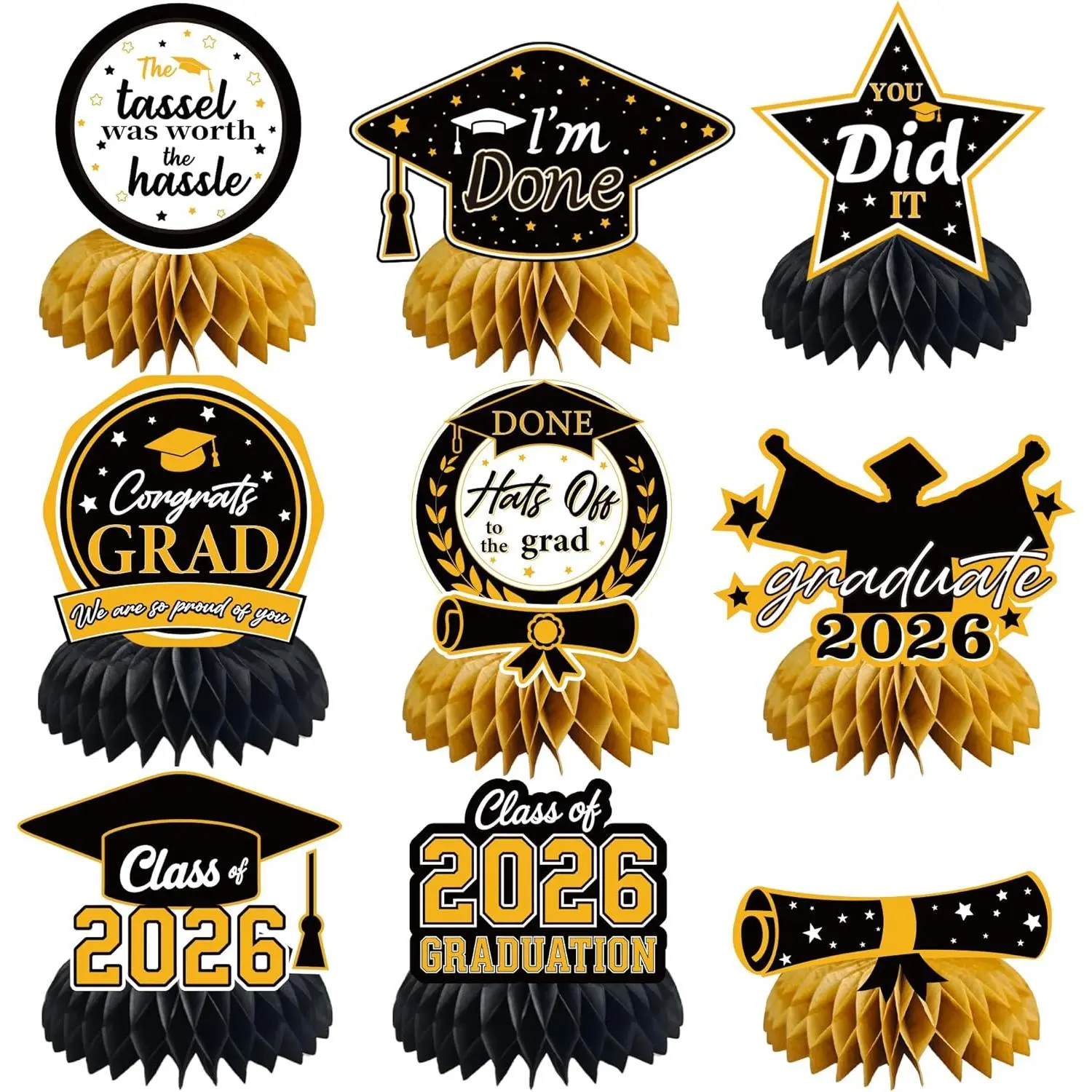 9 Pieces Foldable Decorative Class of 2026 Graduation Honeycomb Centerpieces - Black and Gold 3D Paper Table Toppers, Easy-Install Double-Sided Digital Photographic Cardstock Decorations for Preschool Graduation Party Supplies, Durable