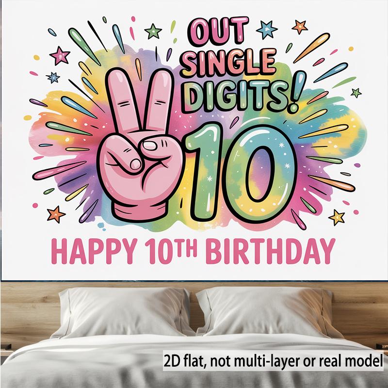 2D Flat, 2D Flat Banner, 1pc, Happy 10th Birthday Card Background Decoration Background Photo Props, Banner Decor, Home Decor, Room Decor, Wall Decor, Party Background Decor, Party Decor/supplies/gifts Decorativ