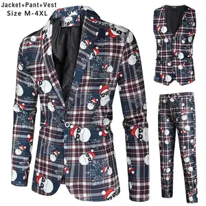 Snowman Plaid 3 Piece Casual Business Printed Suits Men's Christmas Party Suit Funny Costume Novelty Xmas Jacket Trousers Vest