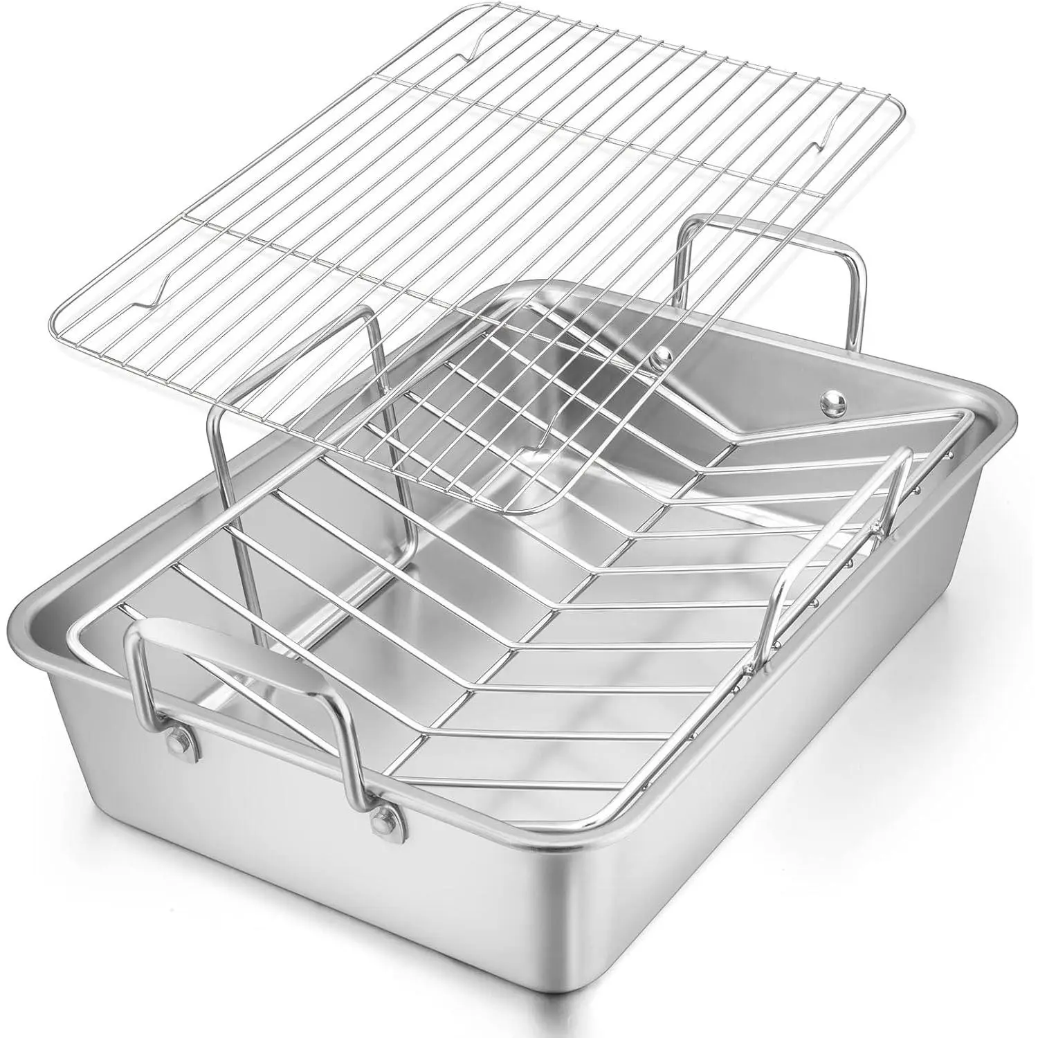 Roasting Pan, 16 x 11.5 Inch Stainless Steel Turkey Roaster with V-shaped & Flat Rack, Non-toxic & Heavy Duty Deep Broiling Pan, Dishwasher Safe - Large