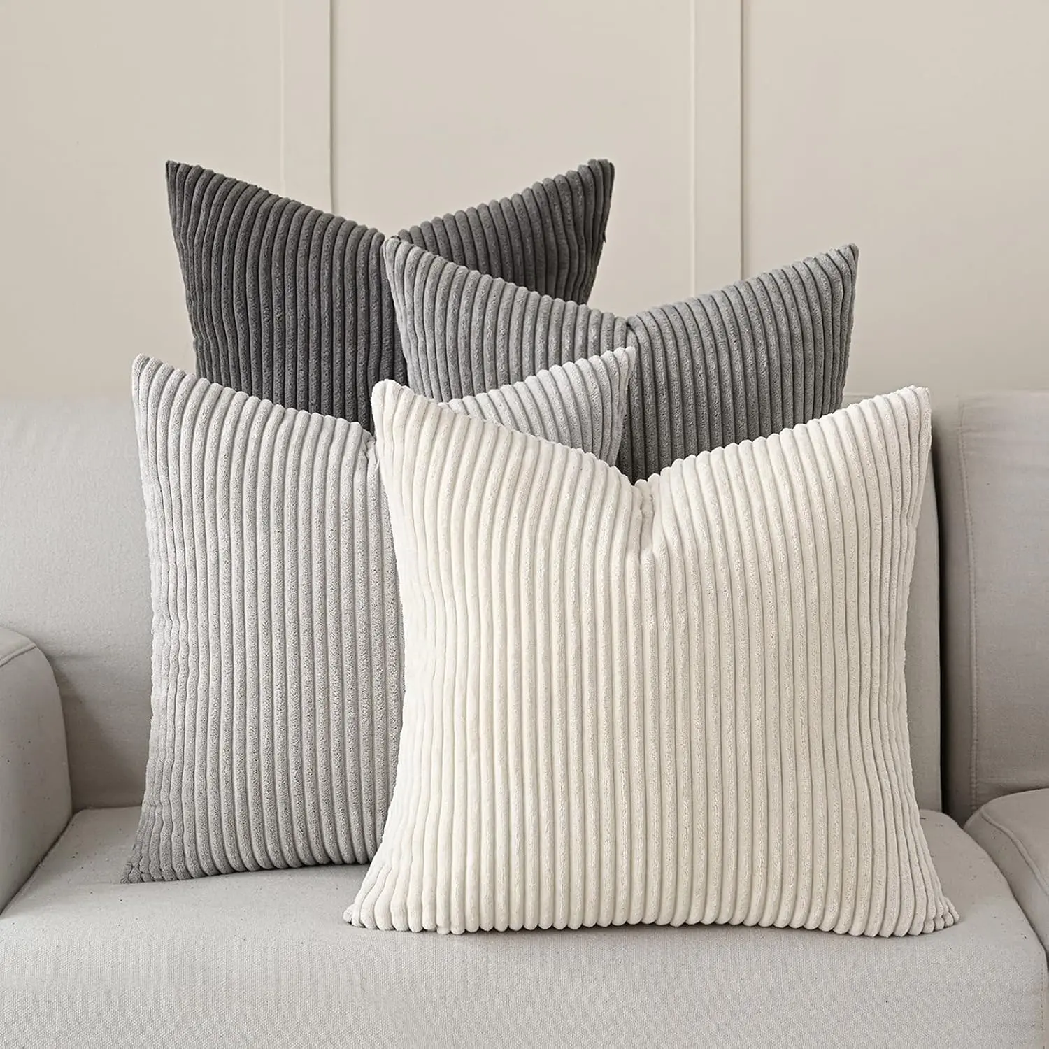 4-Pack Neutral Grey Corduroy Pillow Covers - 18x18 in, Western Modern Farmhouse Striped Cushion Cases, Soft Texture Boho Square Accent for Home Sofa, Pillow Cover