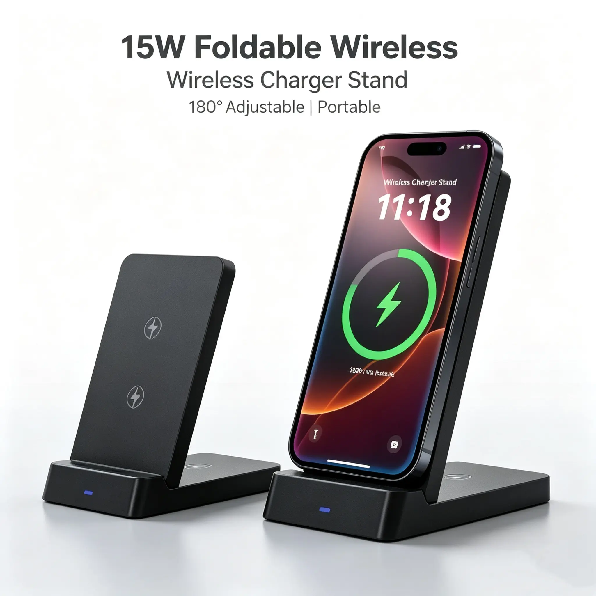 Foldable Wireless Charger Stand, 180° Adjustable, Works With Phone Case, 15W Fast Charging, Compatible with iPhone 13/14/15/16/17 Samsung S23/S24, Qi Enabled Phones