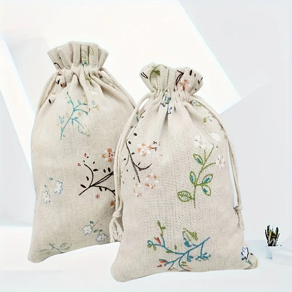 10 pieces, branch pattern printed linen bags, drawstring gift bags, jewelry packaging bags, wedding party decoration gift bags, drawstring gift bags, birthday party gift bag decorations, reusable decorative gift packaging bags, 13cm*18cm/5.12in*7.09in