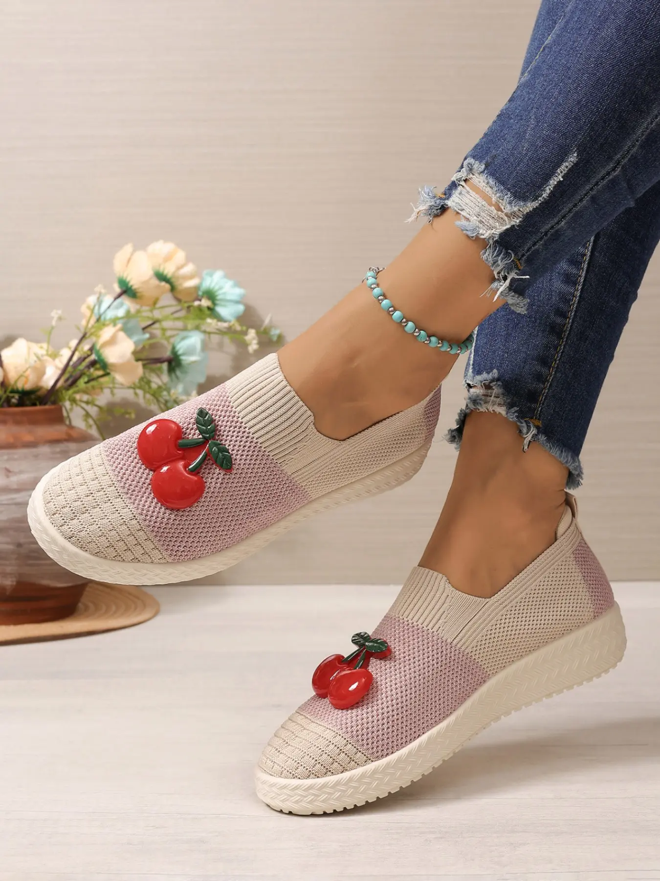 Colorblock Knit Breathable Casual Slip-On Shoes, Cherry Embellished Flat Sandals, Elastic Ankle, Lightweight Flyknit, Versatile Low-Top Sneakers
