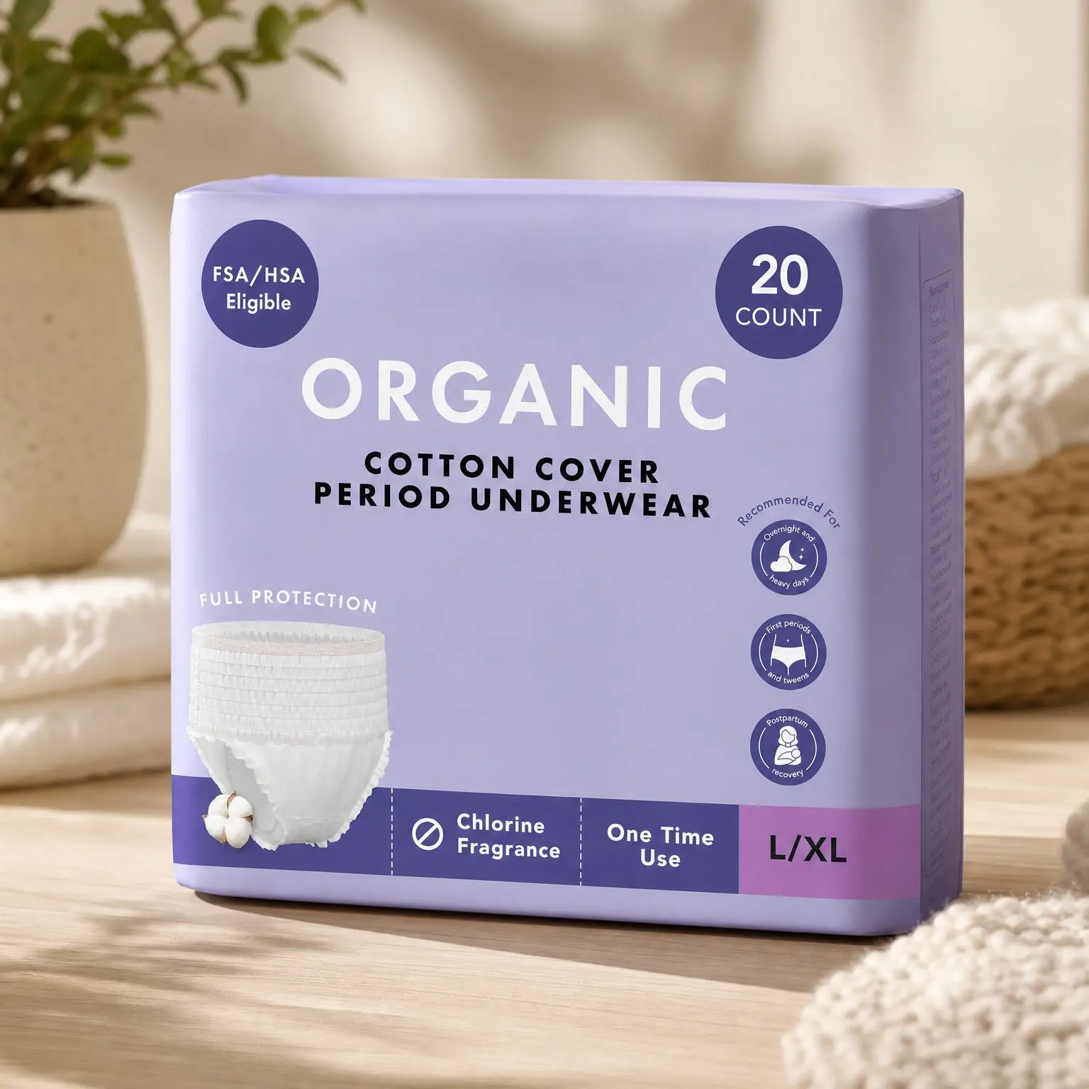 Disposable Period Underwear with Organic Cotton Cover, Size L-XL, 20 Count, Unscented, Extended Coverage, Period & Postpartum Essentials, Feminine Care
