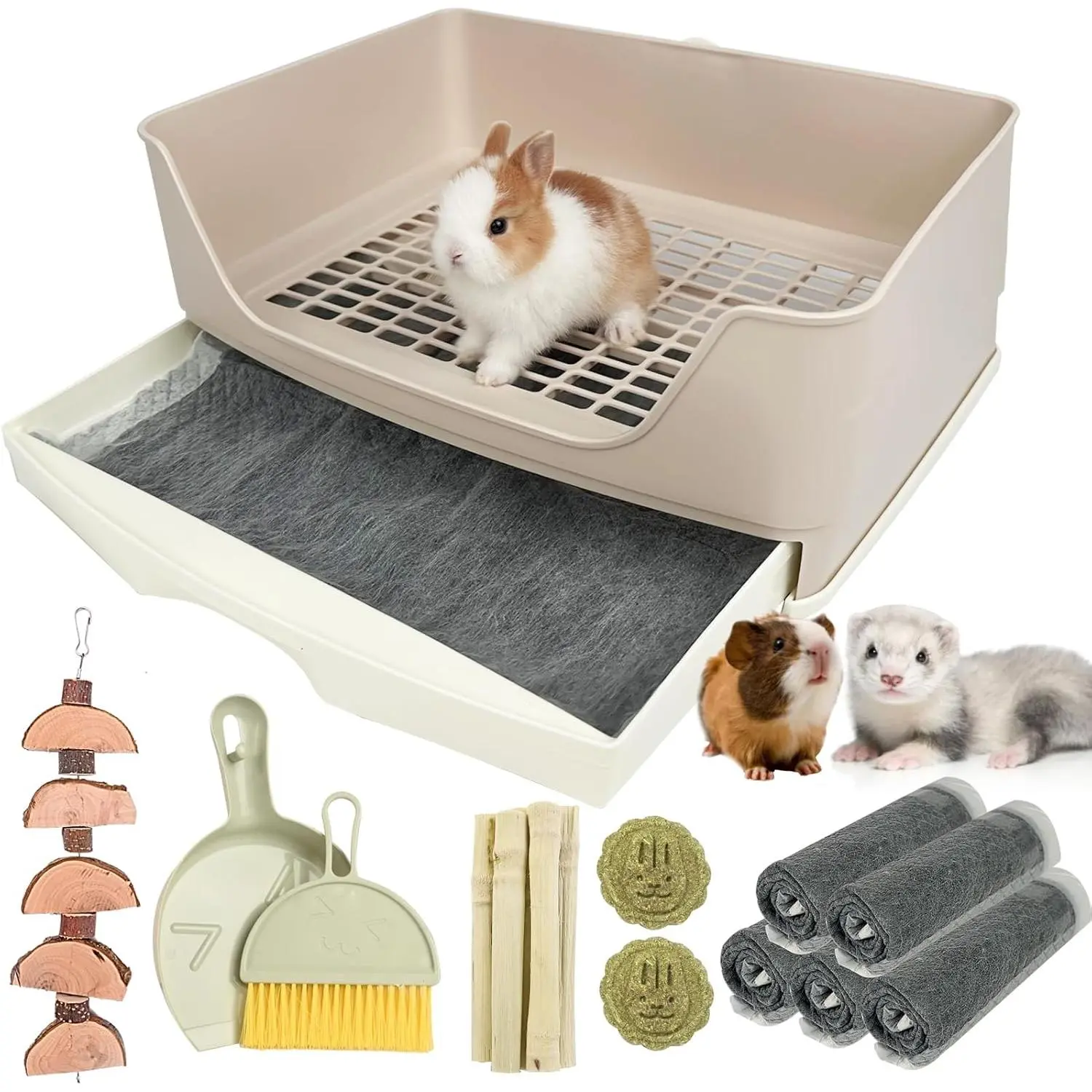 Oversize Corner Rabbit Litter Box with Plastic Grate, Single Unit Pet Potty Trainer for Guinea Pigs, Chinchillas, Ferrets & Small Animals