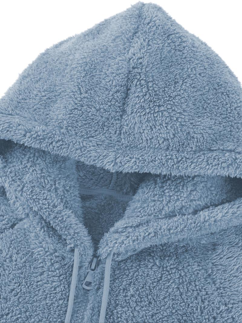 Women's Hooded Plush Jacket with Pockets & Drawstring, Casual Fitted Zipper Outerwear for Spring Autumn Winter All Seasons