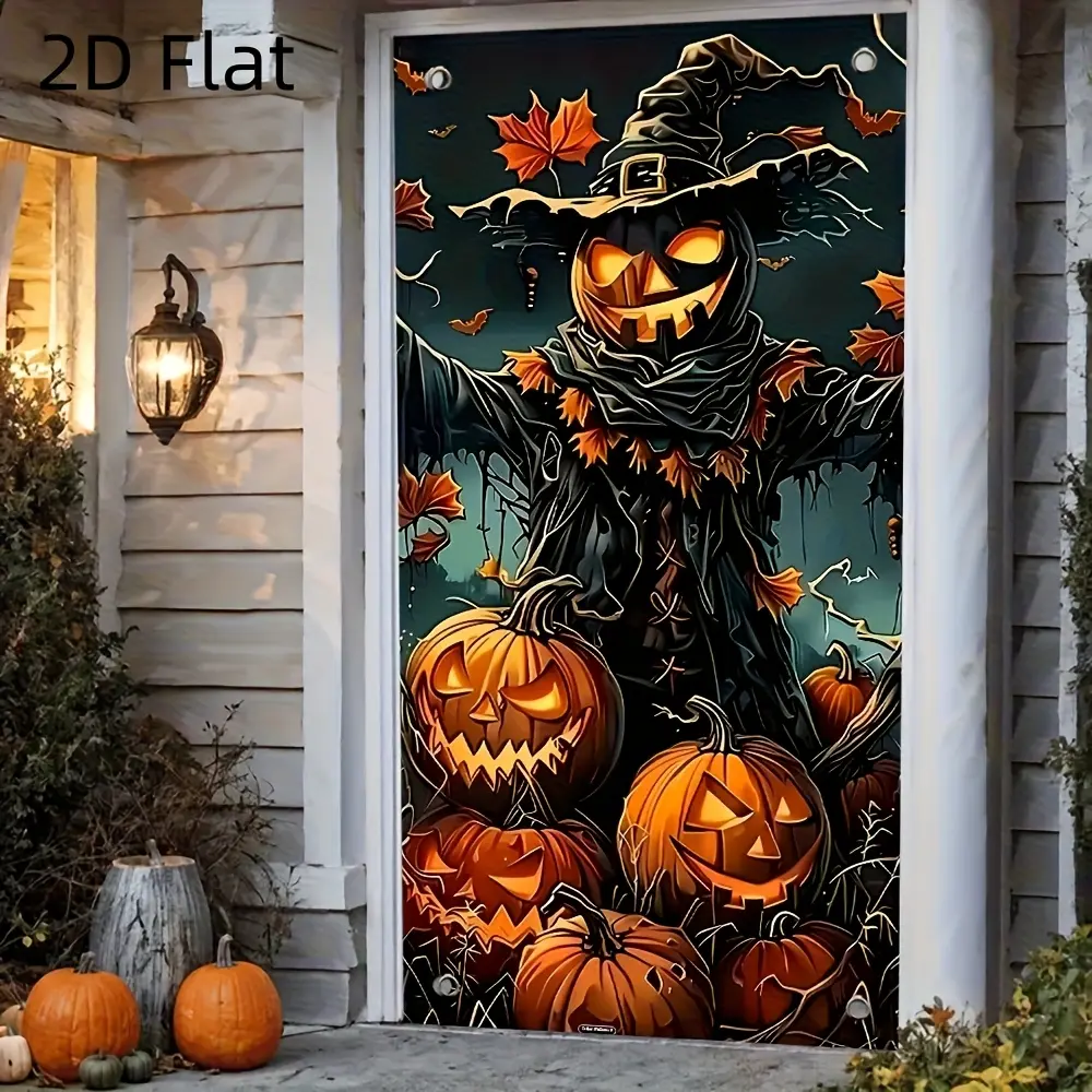 Large Halloween door decoration banner - Scarecrow and pumpkin lantern design - Indoor and outdoor hanging party decoration - Durable polyester fabric suitable for haunted houses, porches, or home decor