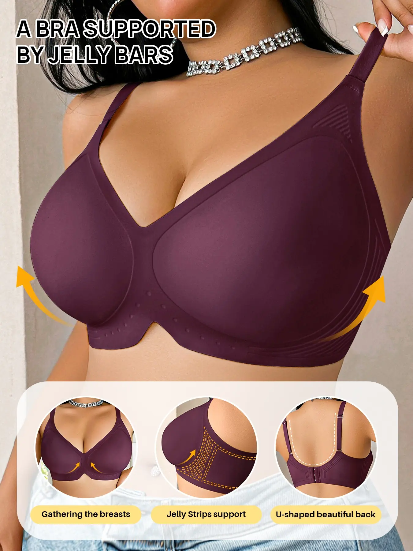 Plus Size Seamless Push-Up Bra, Comfortable Strapless Adjustable Shoulder Straps, Deep V Back Sexy Lingerie, Daily Wear at Home