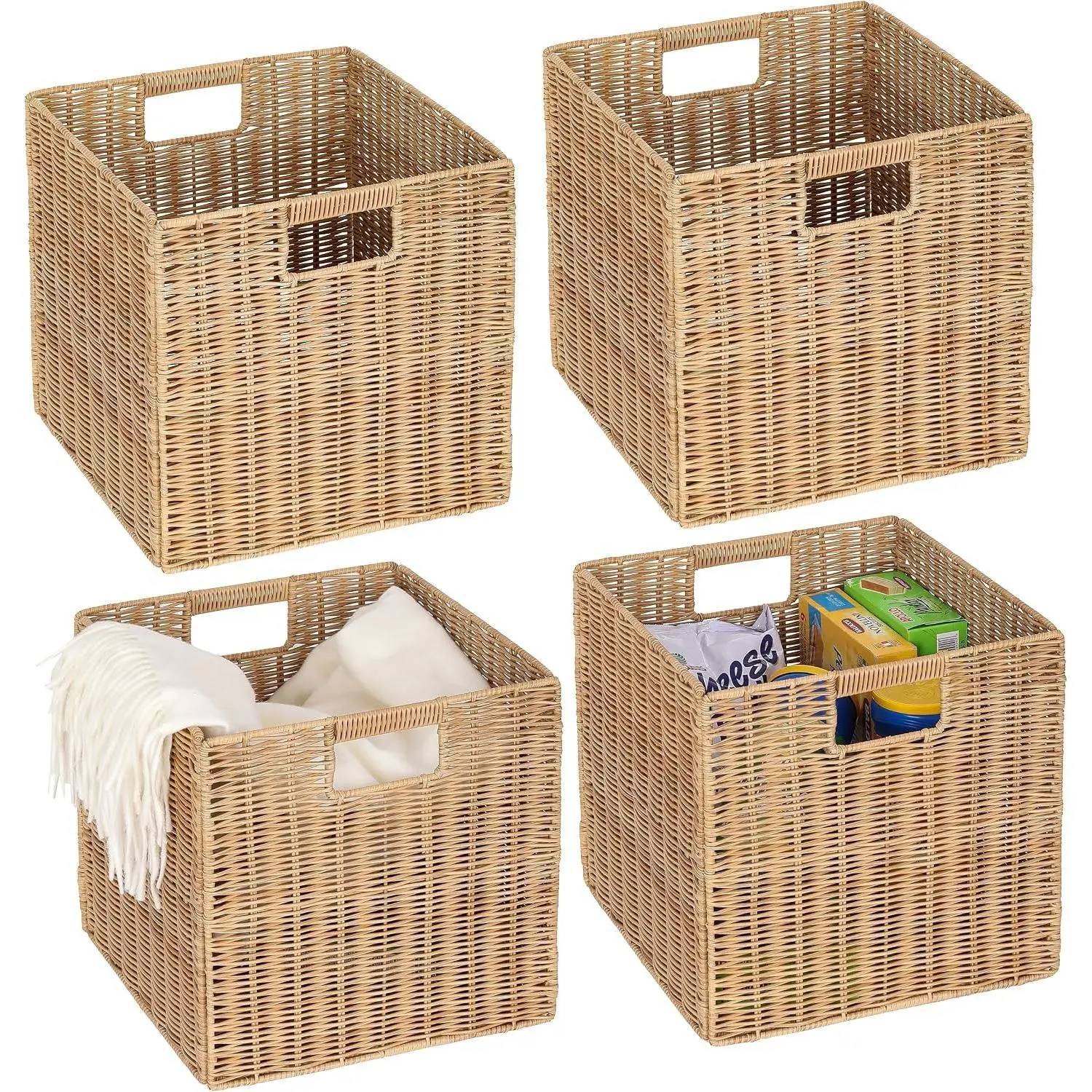 12x12inch Plastic Wicker Cube Baskets Large Foldable Handwoven,4 Pack,Khaki