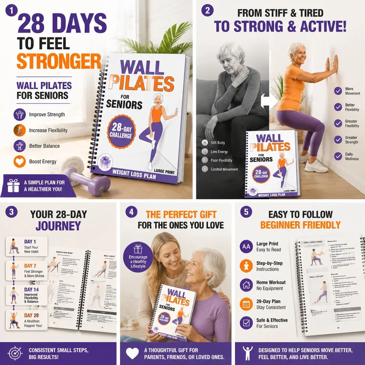 Wall Pilates for Seniors, 28-Day Challenge Weight Loss Plan, Large Print Low-Impact Home Workout Journal, Ideal for Elderly Fitness