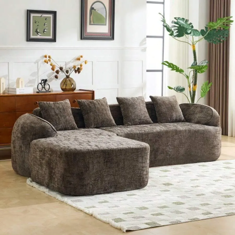 L-Shaped Chenille Compressed Sofa Couch With Curved Armrests And 4 Throw Pillows, Sectional Cloud Couch With Elastic Sponge, Modern Living Room Modular Boneless Sectional Sofa Apartment, Bedroom, Room, No Assembly Required