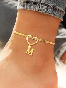 heart initial anklet for women, fashionable stainless steel herringbone chain anklet for women & girls, trendy all-match & exquisite jewelry for birthday gift