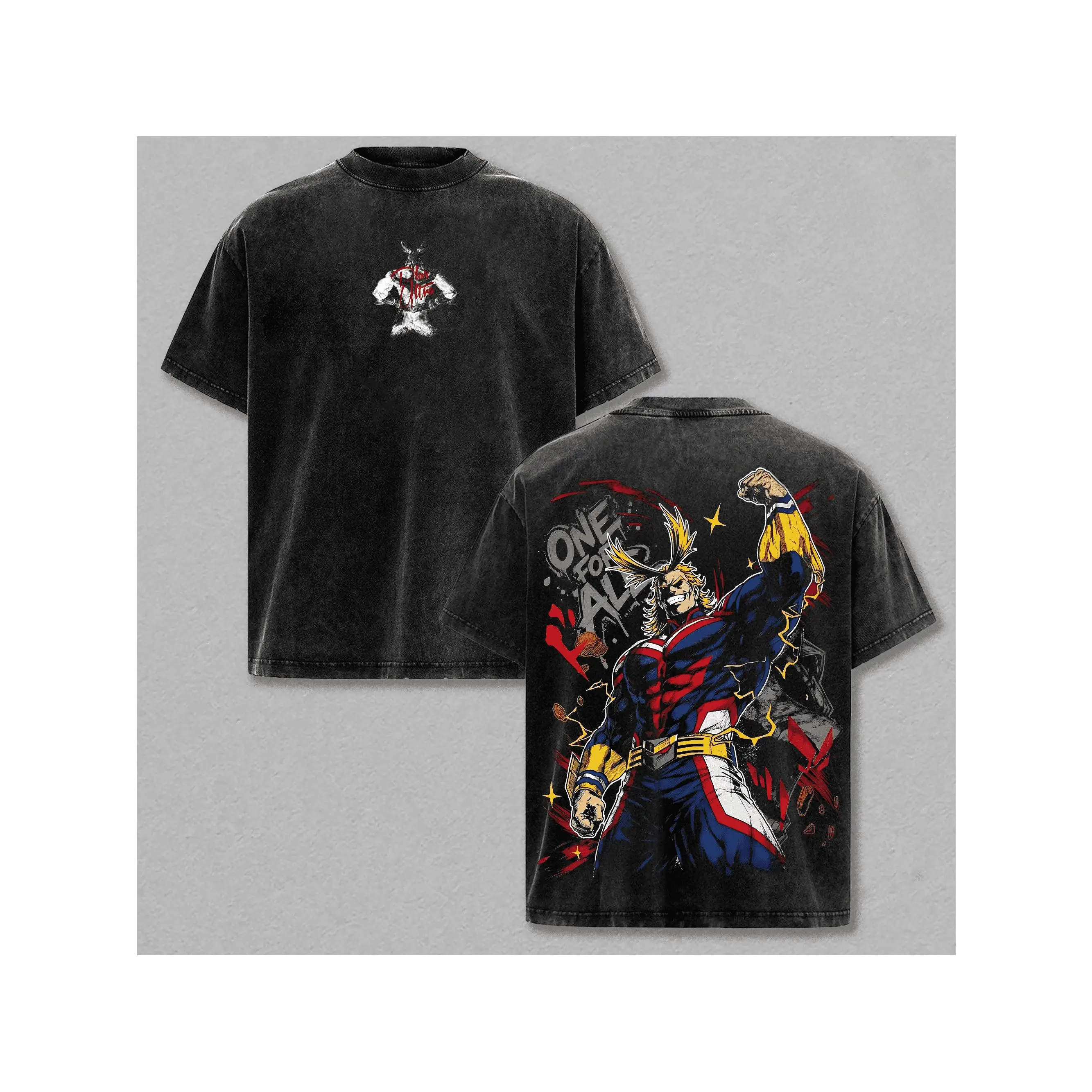 Washed Heavyweight Cotton Graphic Tee Mens Anime All Might Print Oversized Crew Neck Short Sleeve Tshirt Casual Streetwear Daily Outfit Gym Concert Weekend Fashion Top