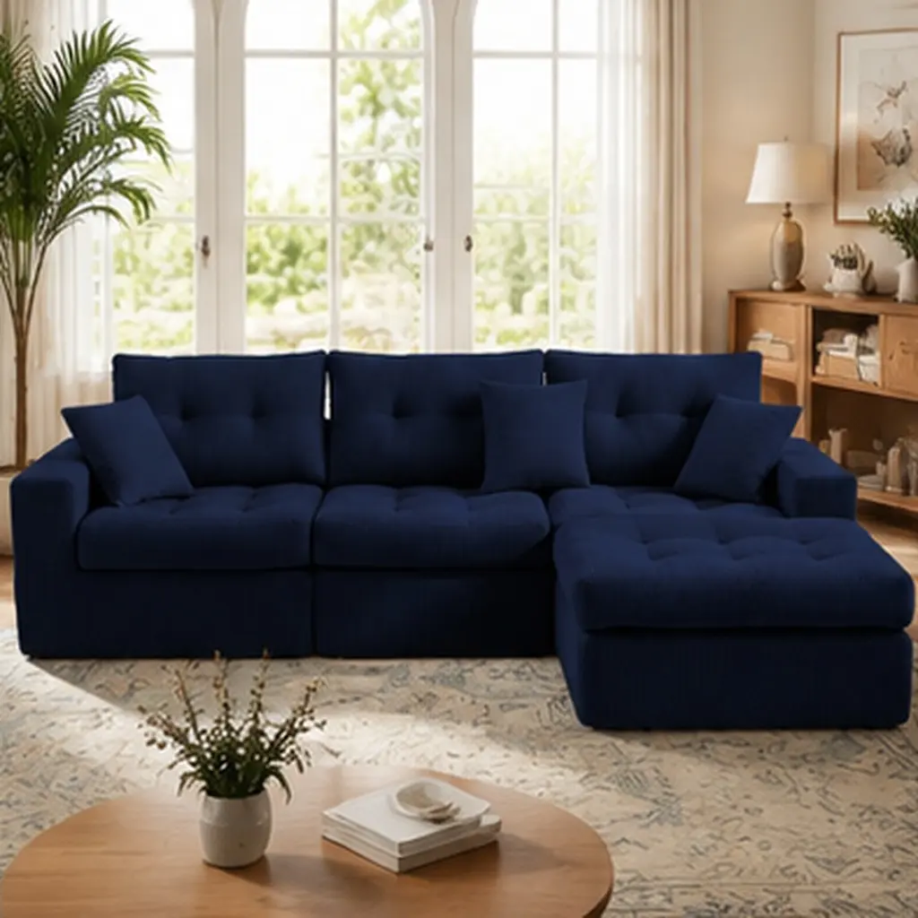 ARCH L-Shaped Sectional Sofa - 3-Seat Convertible Corduroy Couch with Corner Chaise Design, No-Assembly Cord Sofa for Living Room, High-Density Sponge, Ideal for Afternoon Naps, 72.83W x 113.39D x 33.46H in, Blue, Three Seats