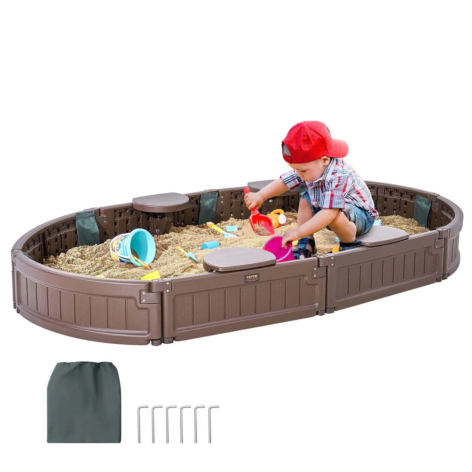 VEVOR Unisex HDPE Plastic Sandbox with Cover, 72x41.5x9.1in Oval Sand Pit with 4 Corner Seating & Bottom Liner, Outdoor Beach Backyard Kids Sandbox, Gift for Ages 3-12 Boys Girls, Brown