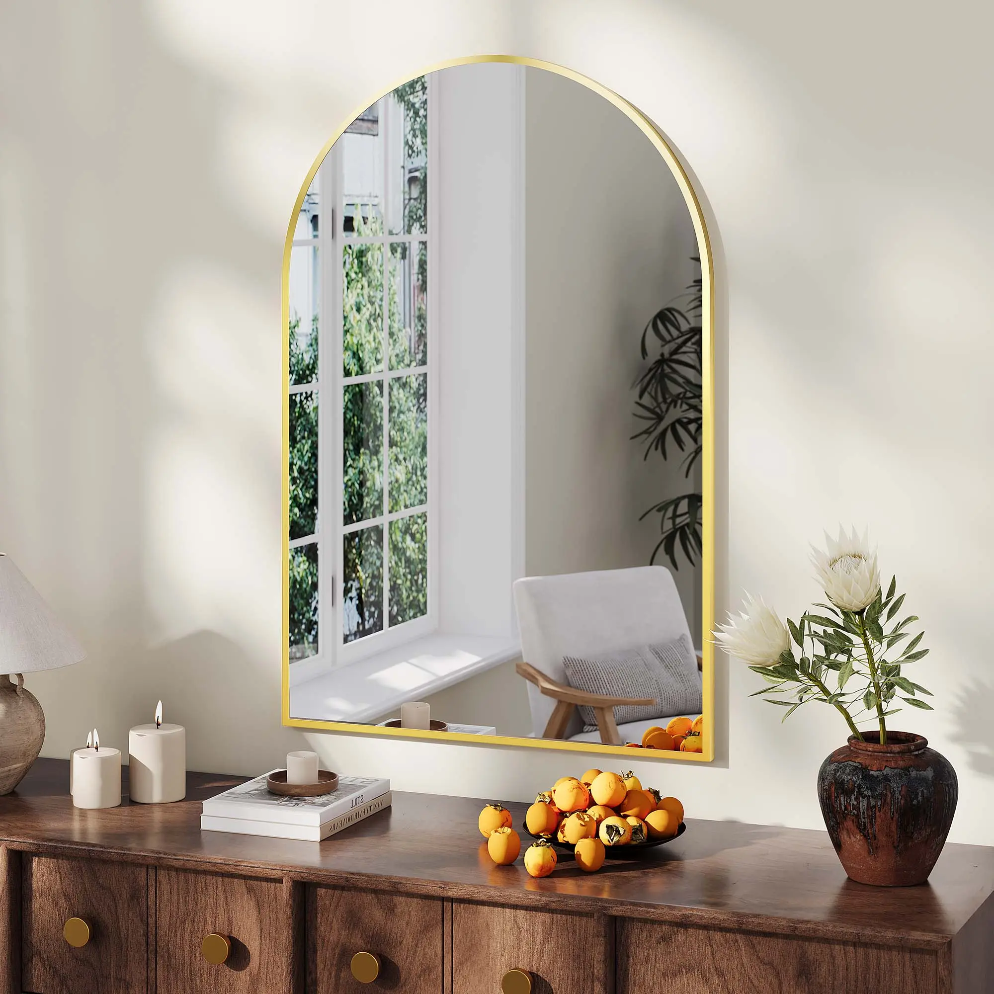 Arched Wall Mirrors – Modern Gold Vanity Mirrors – Elegant Arch Metal Frame Mirror for Your Bathroom, Bedroom, or Living Room Decor Lightweight Hanging