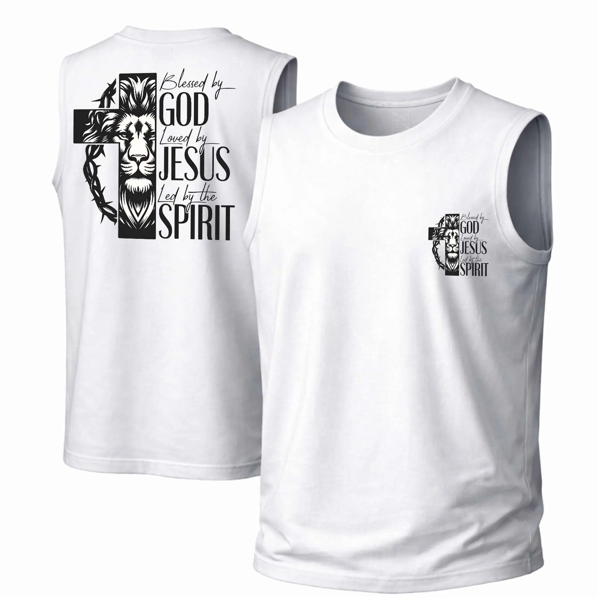 Men's Streetwear Tank Top, Soft Cotton Menswear with 'Blessed by God' Graphic, Retro Loose Fit, Round Neck, Multi-Size, Fabric, Garment