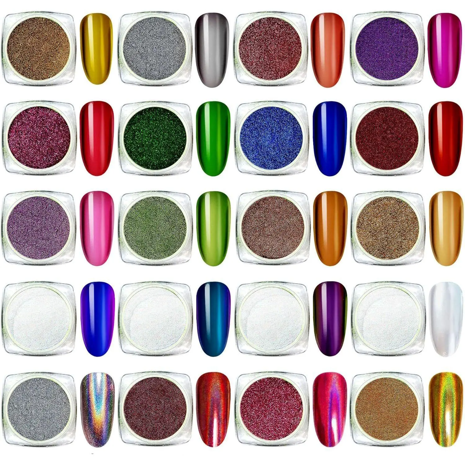 20 Jars Chrome Nail Powder, Metallic Mirror Effect Chrome Powder for Nails Gel Polish with Silver Holographic, Mermaid White Pearl, Aurora Iridescent, Chameleon Pigment Powder