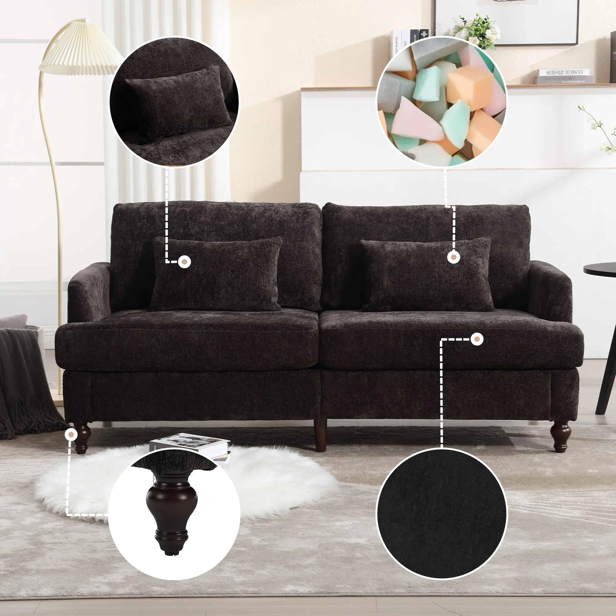 ARCH Mid Century Modern Chenille Fabric Loveseat Sofa 2-Seat Upholstered Couch with Brown Wood Feet for Living Room Bedroom Reading Room Black, Living Room Furniture for Apartment, Lounge, Family Room, Office and Home Seating, Sofa Couch Seating