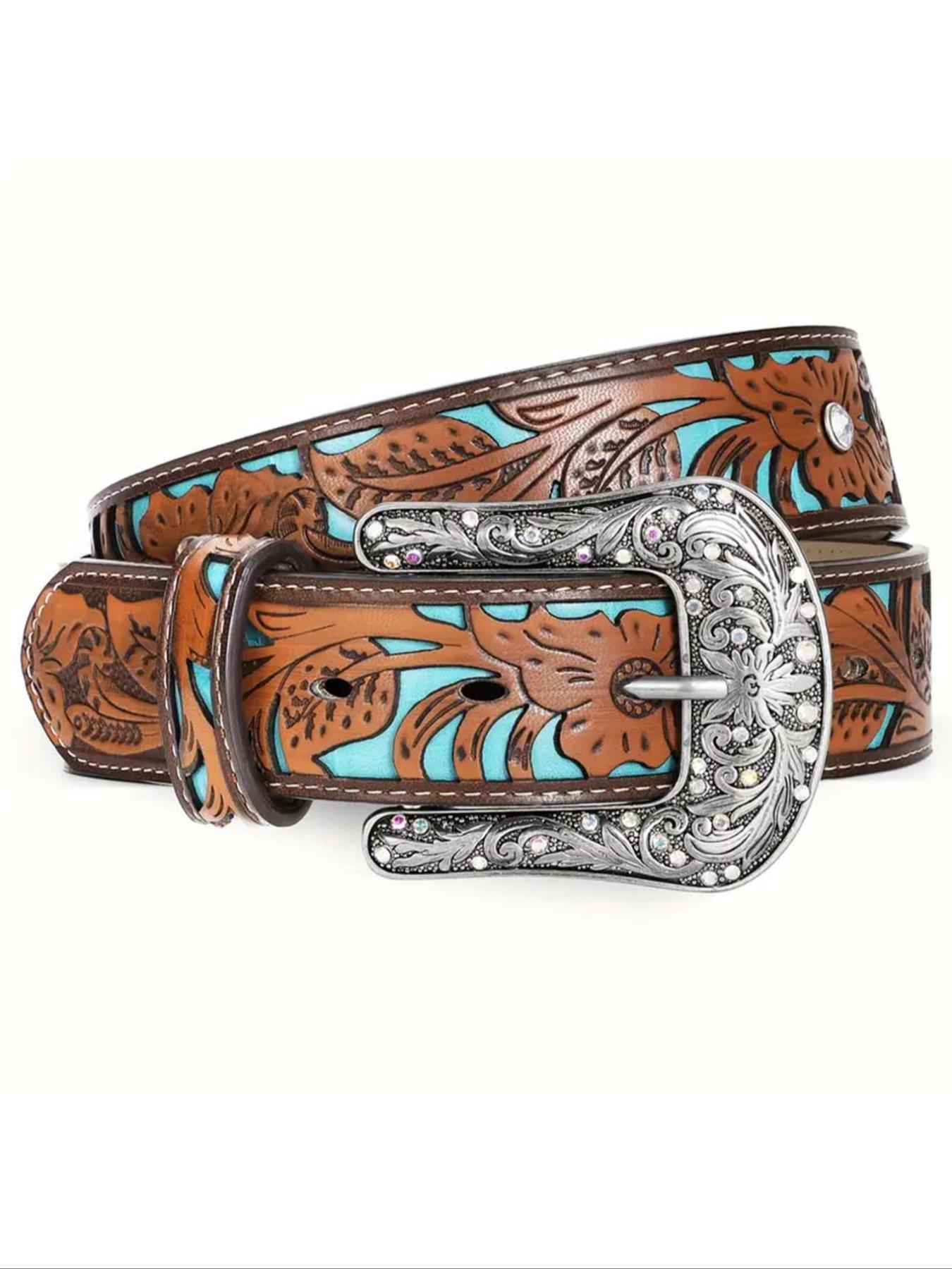 Boho Style Leaf Embossed Vintage Western Cowboy Cowgirl Belt, 2024 New Style Fashionable Adjustable Pu Buckle Belt for Women, Casual Brown Cowgirl Waistband for Jeans Trousers Western Belts