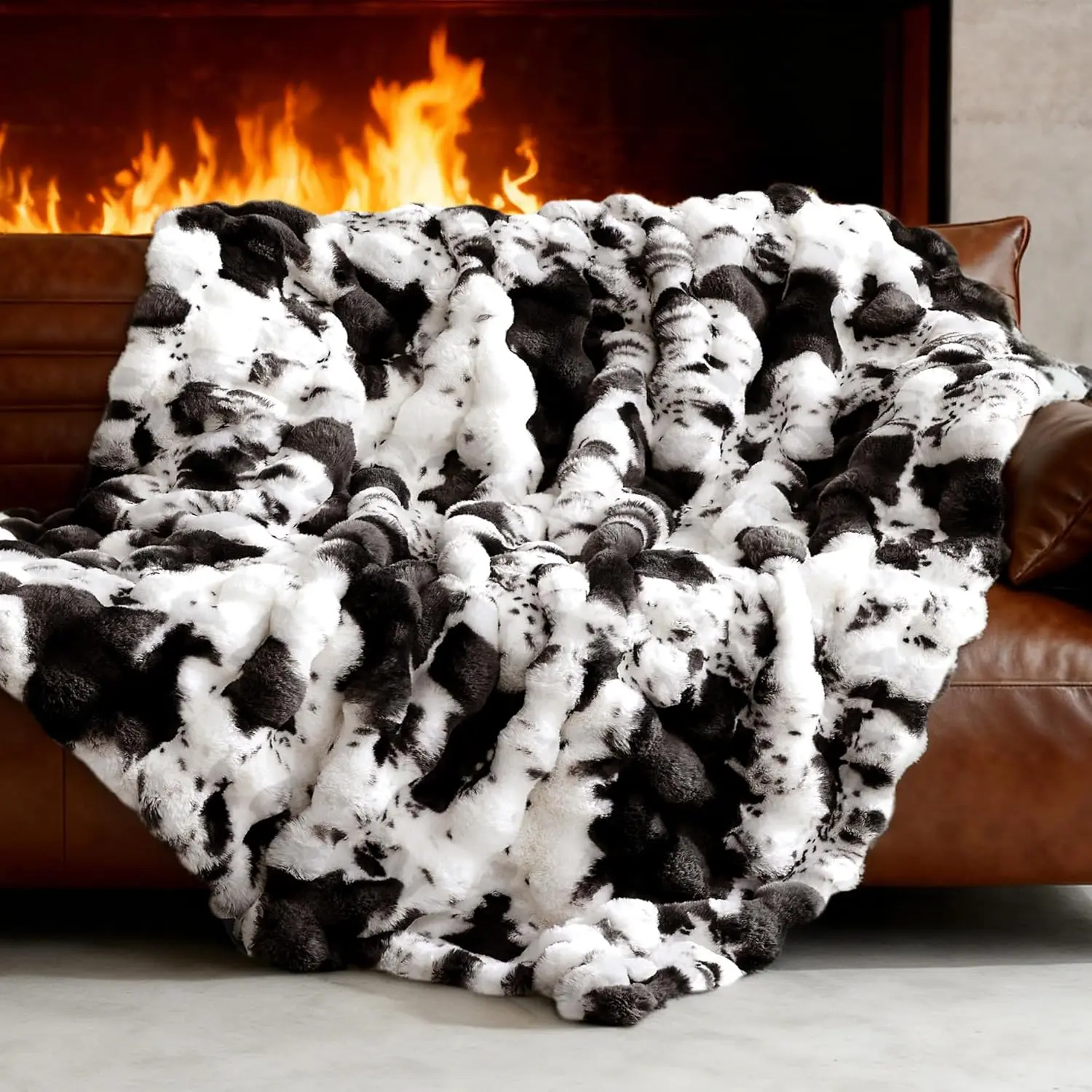 Ultra Plush Bubble Faux Rabbit Fur Blanket – 950GSM Thick Fluffy Throw Blanket for Bed, Couch, Sofa, Home Decor or Mothers Day Birthday Gifts for Women, 50" × 60", Black Cow
