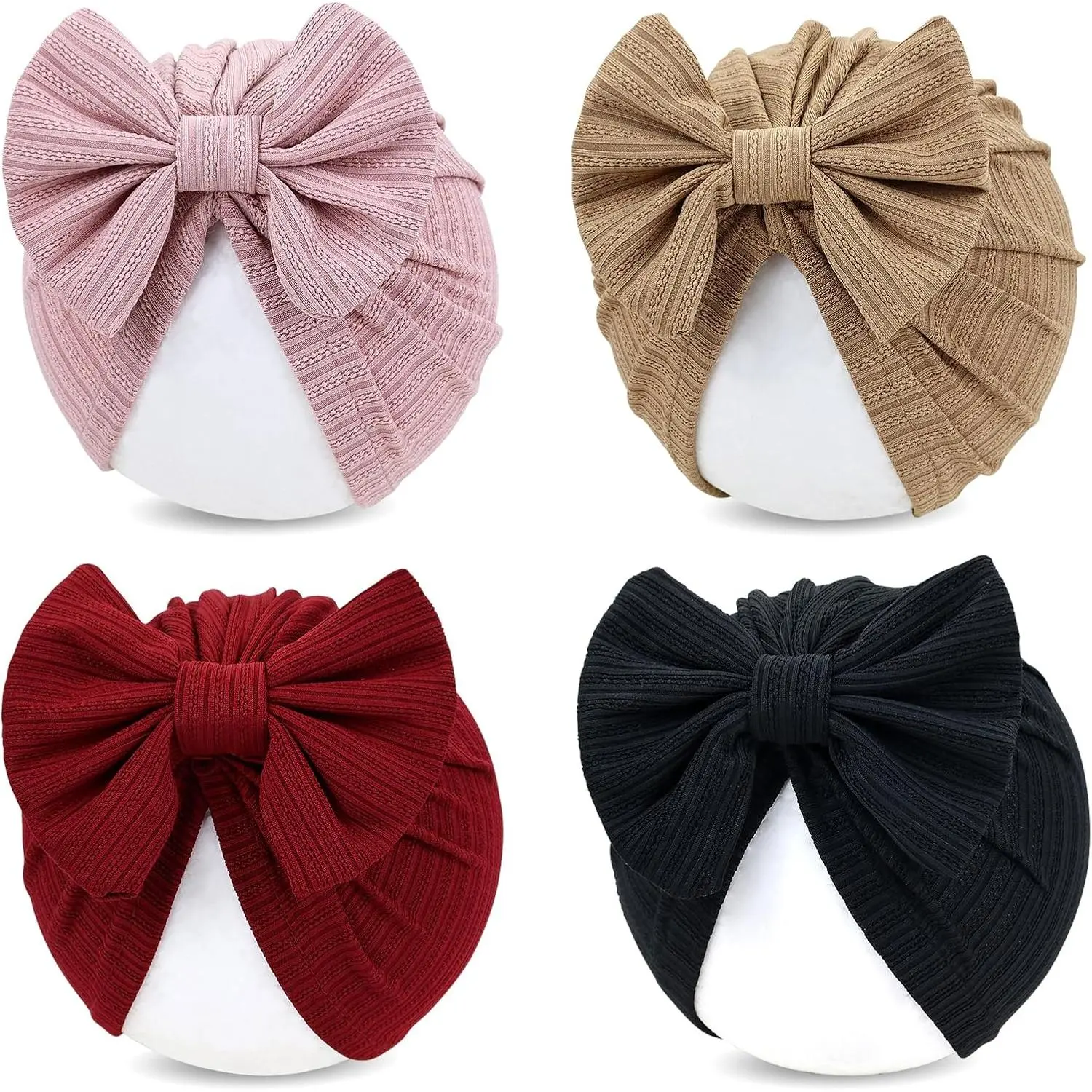 Baby Girls' 4-Piece Turban Hats with Mini Bows - 0-3 Months Newborn Hospital Caps, Bonnets, Headwraps in White+Pink+Dusty Pink+Khaki (Mini Bow Baby Hats & Caps)