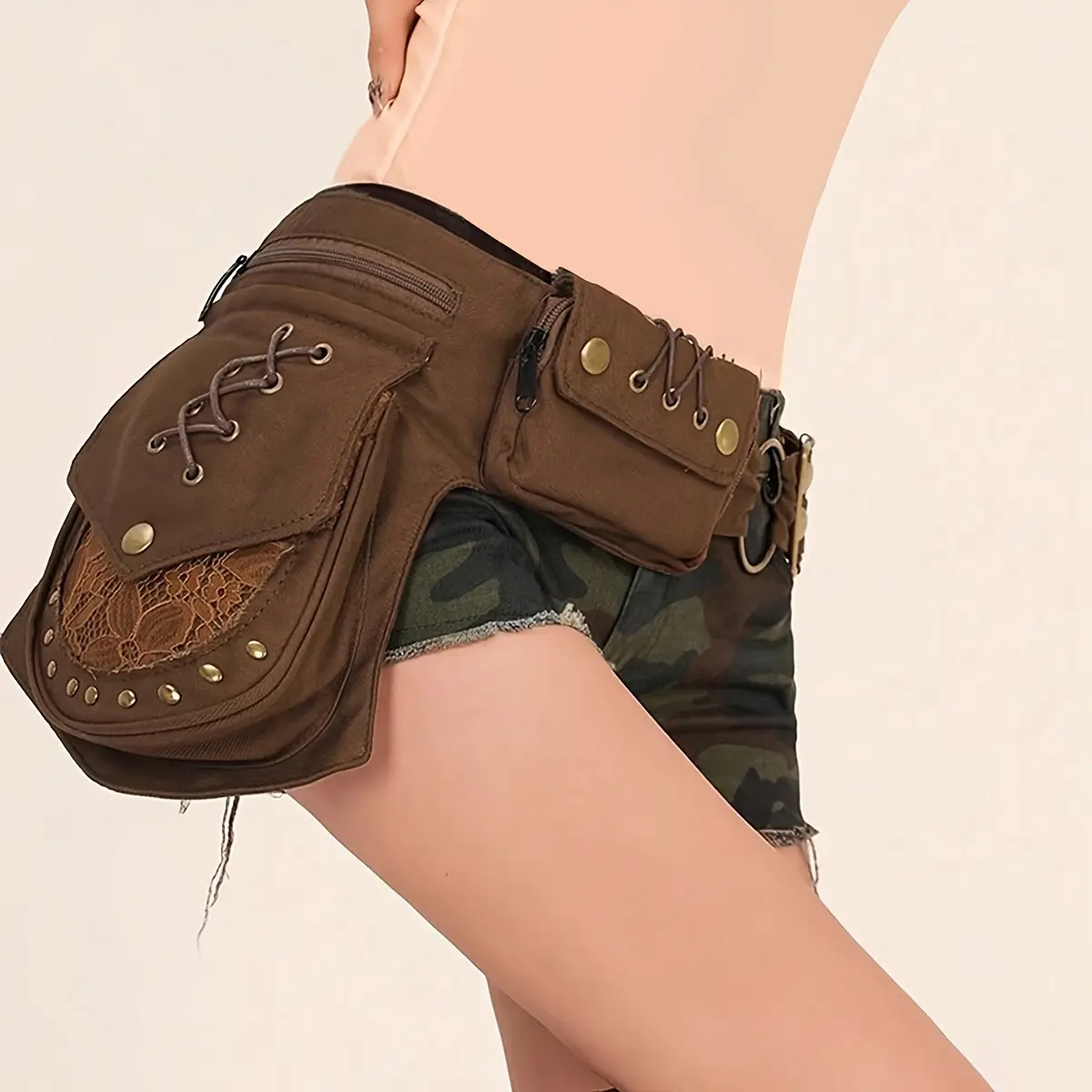 Fanny Pack Retro Casual Multi-Functional Outdoor Sports Mobile Phone Bag Lace Splicing Rivet Decoration Daily Portable