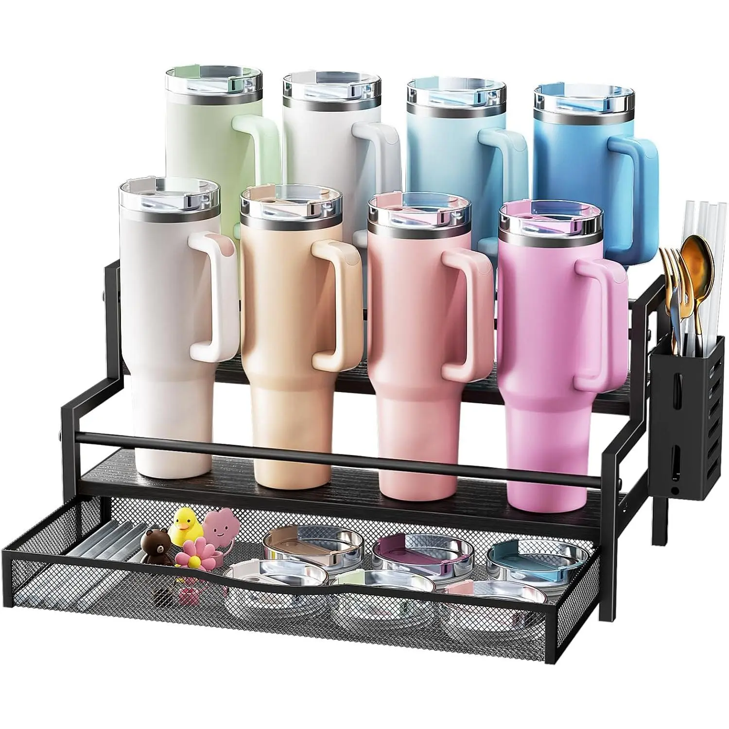 Water Bottle Organizer for Full 40 oz Stanley with Handle, Black| 2 Tier Stanley Cup Organizer, 8 Bottles Capacity, Rustic Countertop Display Shelf, For Coffee Bar, Cabinet, Countertop