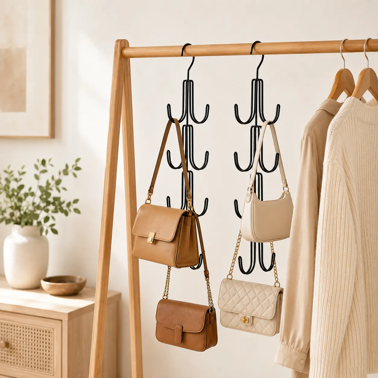 2 Pack Purse Hanger Organizer, 3-Tier Closet Bag Hangers with 6 Hooks Each, Space-Saving Metal Hanging Organizer for Handbags, Hats, Scarves and Belts, Black