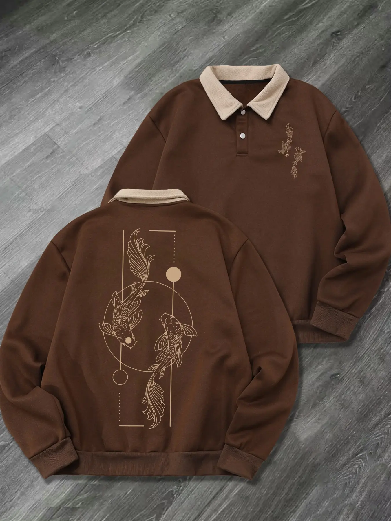 Men Contrast Collar Long Sleeve Polo Sweatshirt Yin Yang Koi Fish Line Art Front Back Dual Graphic Print Oriental Minimal Casual Streetwear Pullover Tops For Daily Urban Spring Autumn Leisure Outfit#trendingsweatshirts #viraloutfits #orientalfits