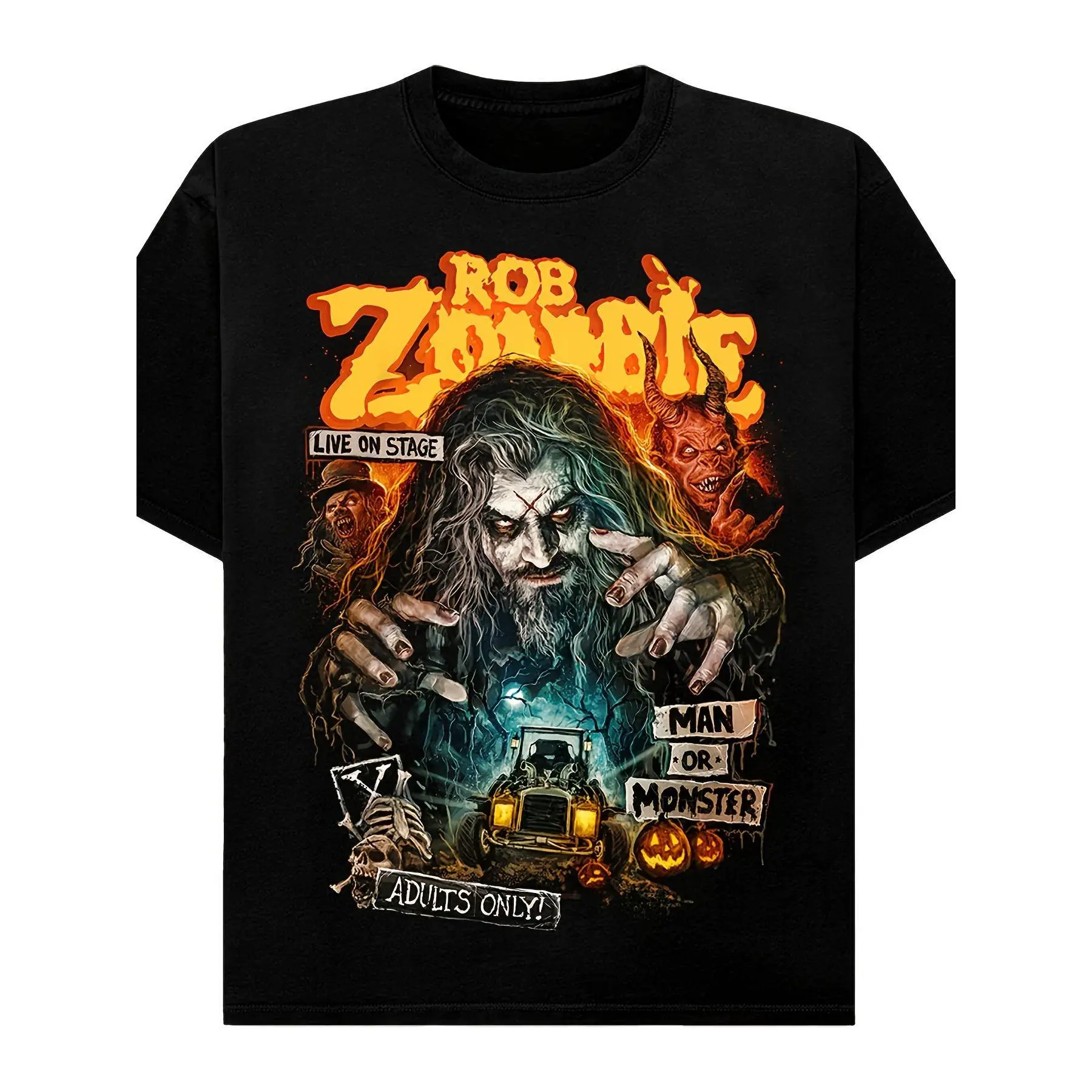 Men's Oversized Horror Graphic T-Shirt, "Live on Stage" Demonic Print, Casual Short Sleeve Top with Comfortable Loose Fit, Shortsleeve, Menswear, Simple