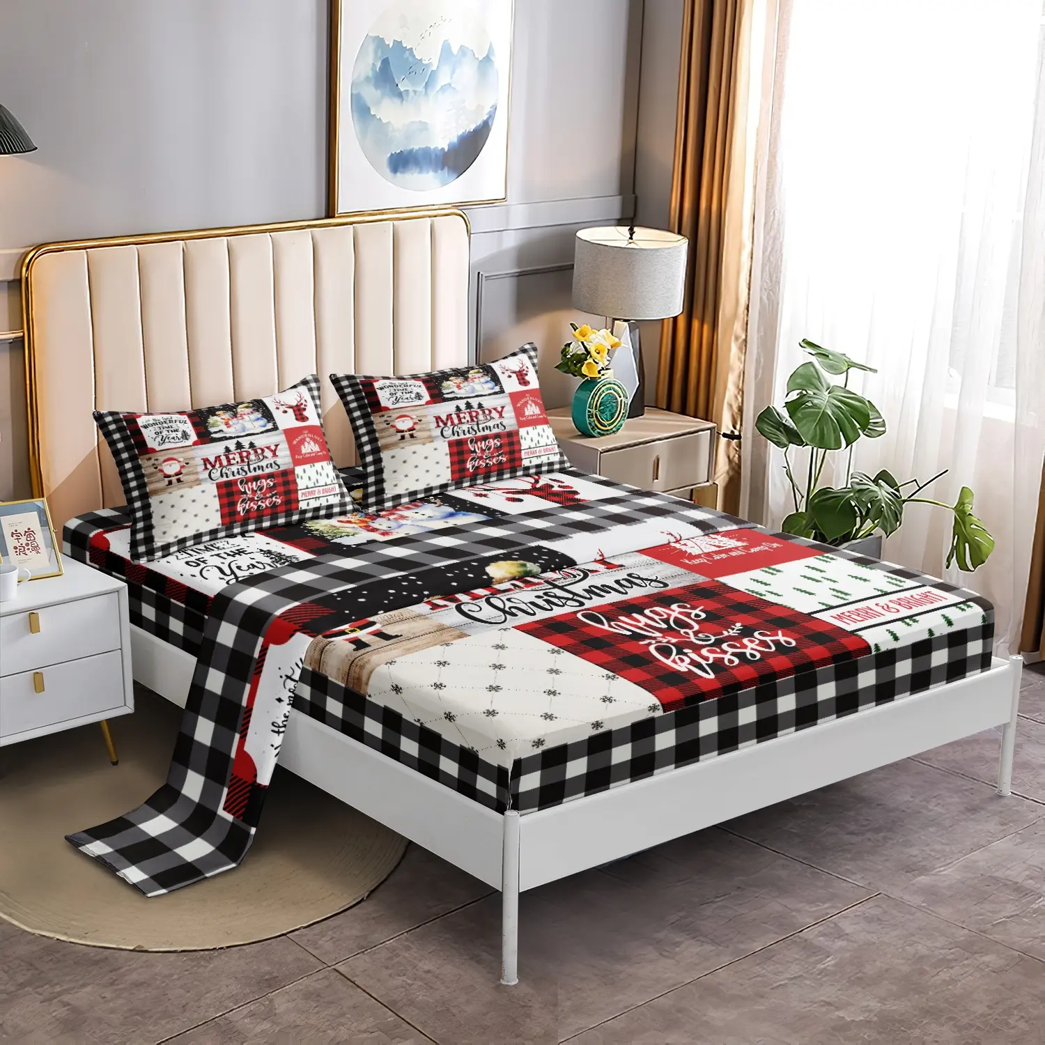 4‑Pieces Christmas Patchwork Plaid Print Bed Sheet Flat Cozy Bedding Set, Vintage Santa Snowman Reindeer Xmas Letter Pattern Soft Microfiber Bedding Bedroom Decor Included 1*Fitted Sheet & 1*Flat Sheet & 2*Pillowcase