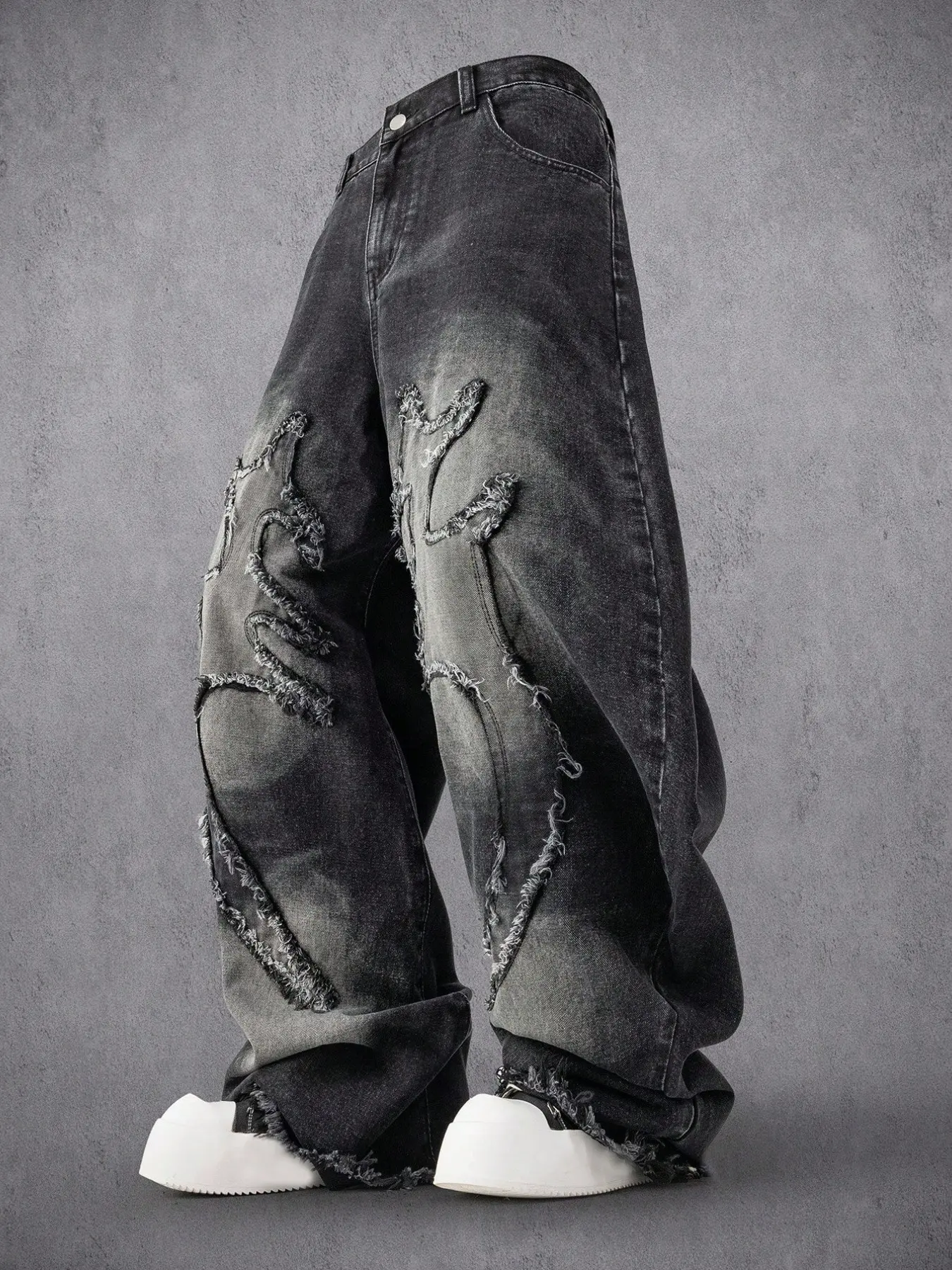 Men's Vintage Washed Straight Leg Jeans, Y2K Distressed Smoke Fire Edge, Loose Fit Fashion Denim Jeans, All-Season Wear