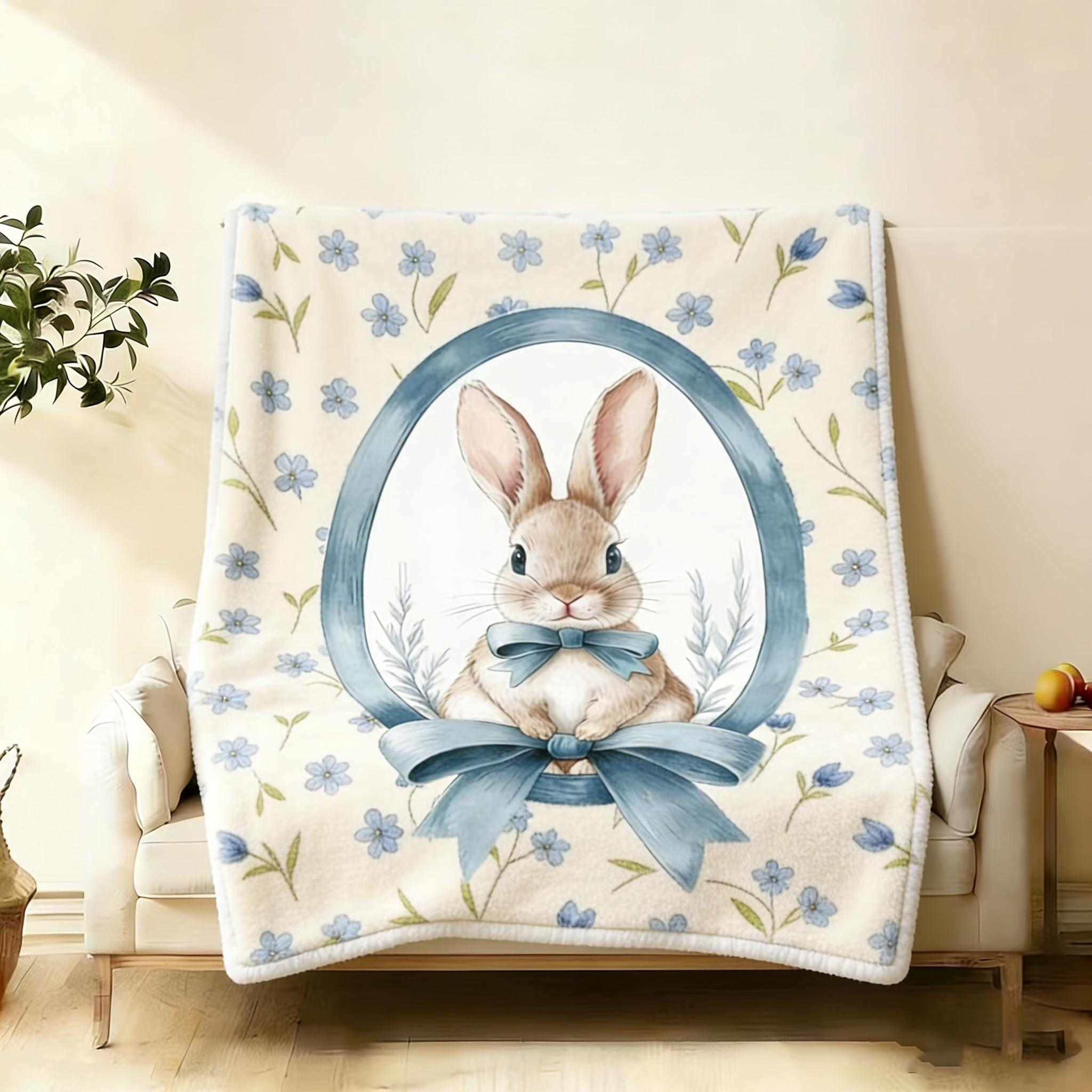 Cute Easter Bunny Fleece Blanket, Watercolor Blue Floral Rabbit Throw Blanket, Soft Cozy Flannel Blanket for Couch Bed, Aesthetic Spring Easter Decor, Warm Plush Blanket for All Season, Perfect Easter Gift for Women Girls, Cute Rabbit Home Decor Blanket