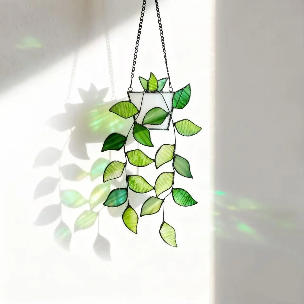 Stained Glass Window Hanging, Green Leaf Plant Suncatcher DecorGift