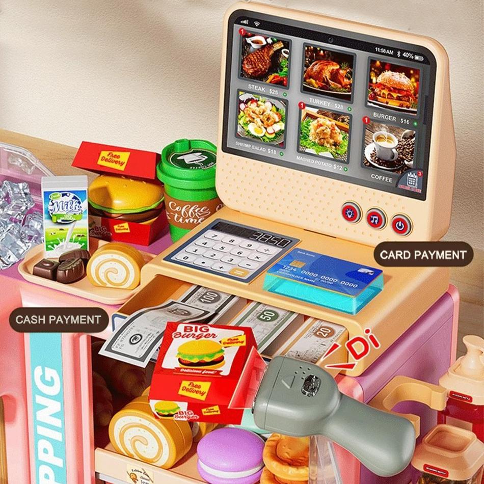Mini Kitchen Playset Toy,75 PCS Play Kitchen with Realistic Steam and Lights, Role Playing Game Pretend Food and Cooking Playset, Mini Kitchen Accessories Set Girls Boys